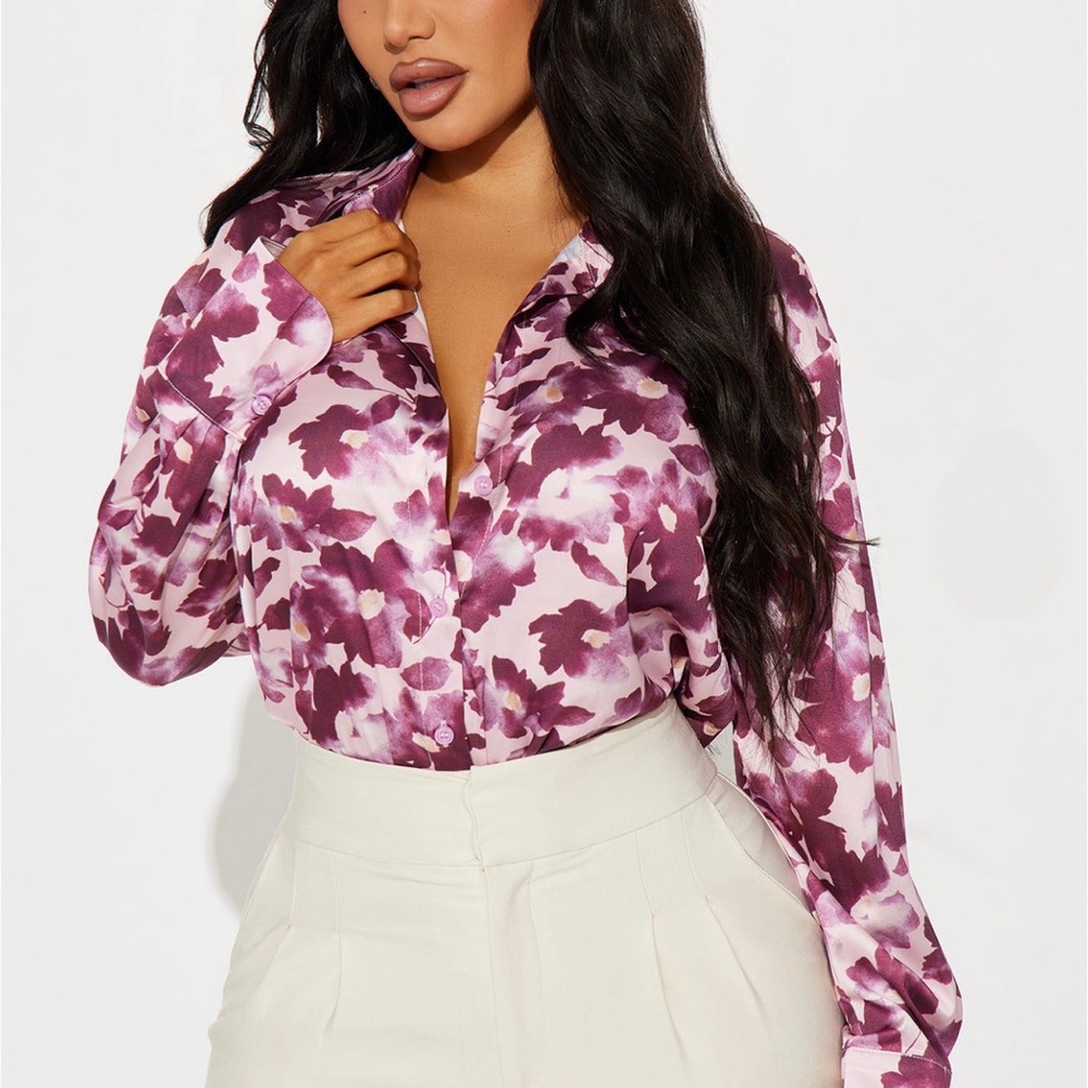 Fashion Nova Burgundy Cream Floral Long Sleeve Blouse